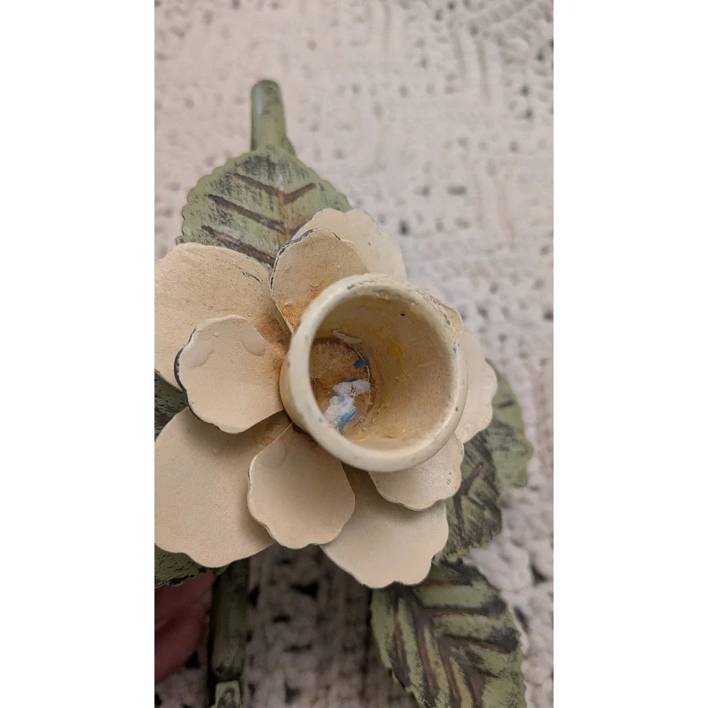 Vintage Metal Rose Floral Taper Candle Holders Pair Green Cream 9x6 Cottagecore